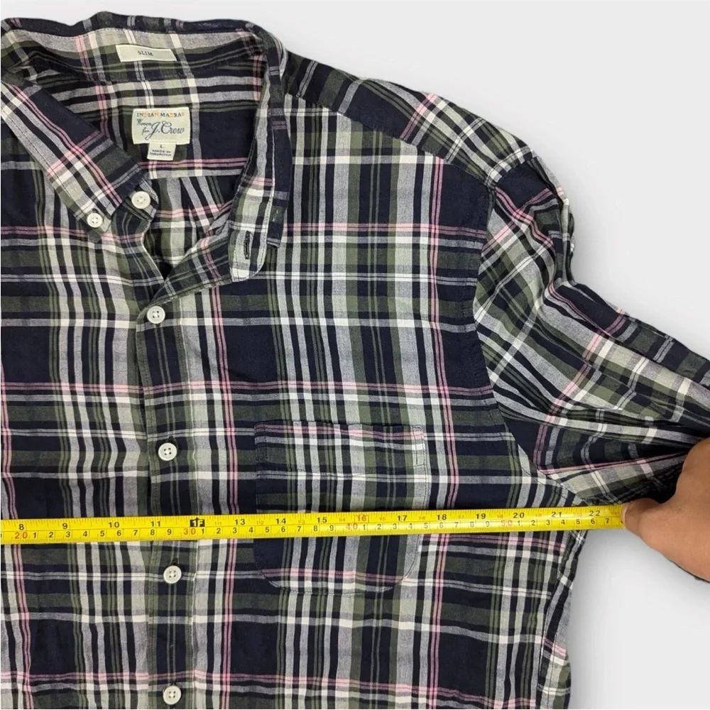 J. Crew Indian Madra Slim Fit Shirt Mens Large Green Blue Gray Plaid Pattern